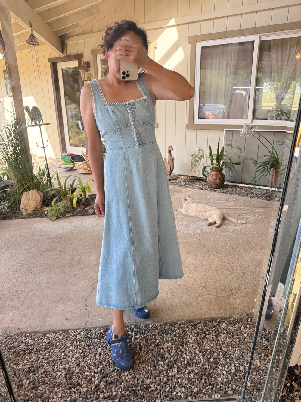 Wayf Light Blue Denim Midi Dress with Square Lace-Trim Neckline